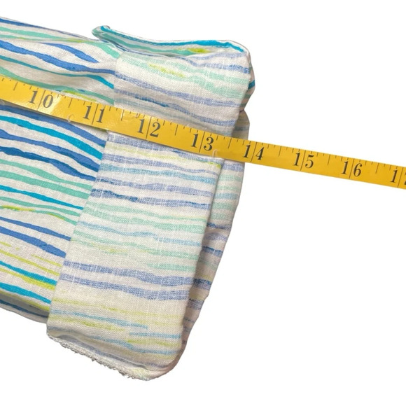 Cathy Linen Blend Blue Green Striped 1/2 Zip Pullover Blouse Roll Tab Sleeve Med - Picture 9 of 10